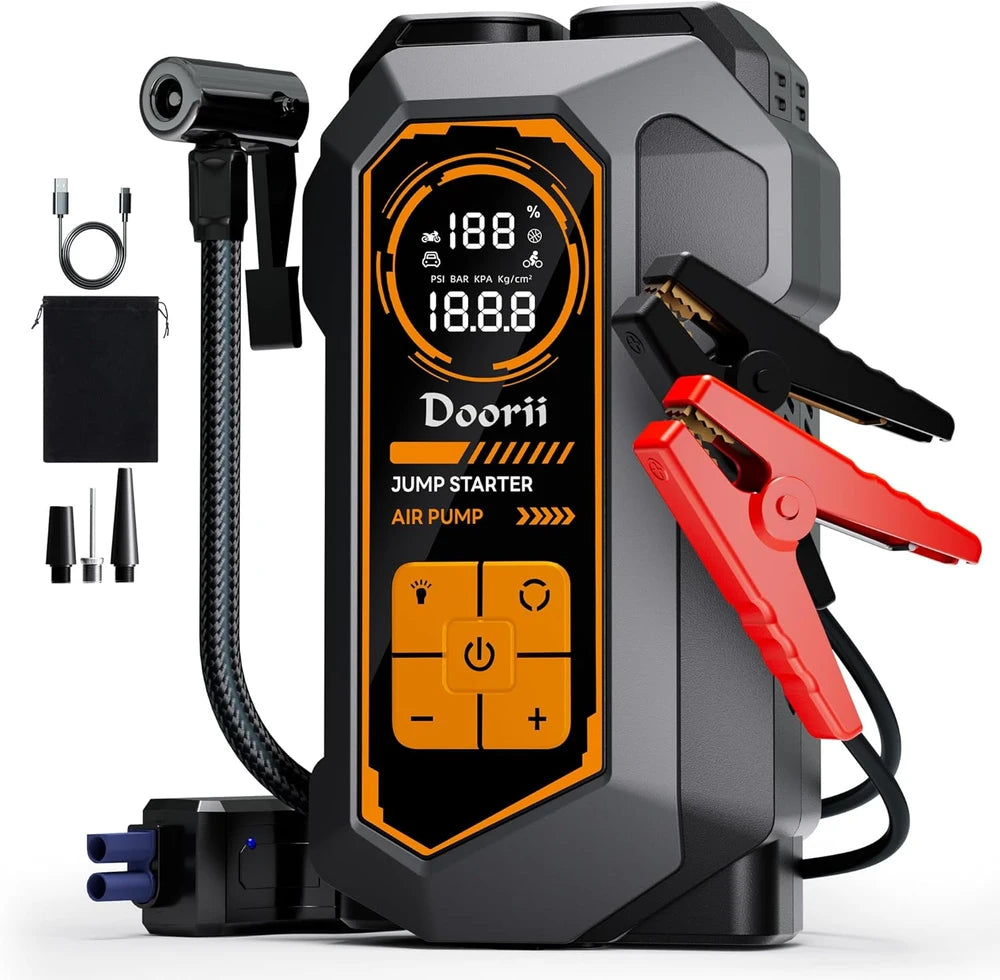 Doorii 6000A Jump Starter with Air Compressor, 10-in-1 Car Jumper Starter Portable, 150PSI Tire Inflator/Air Pump, LED Flashlight for Up to 10.0L Gas / 8.0L Diesel Engines