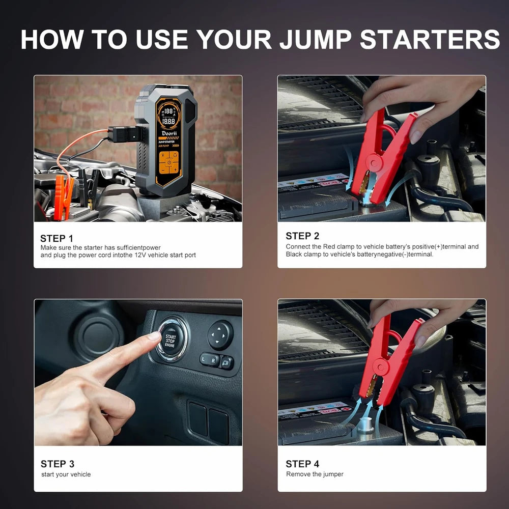 Doorii 6000A Jump Starter with Air Compressor, 10-in-1 Car Jumper Starter Portable, 150PSI Tire Inflator/Air Pump, LED Flashlight for Up to 10.0L Gas / 8.0L Diesel Engines