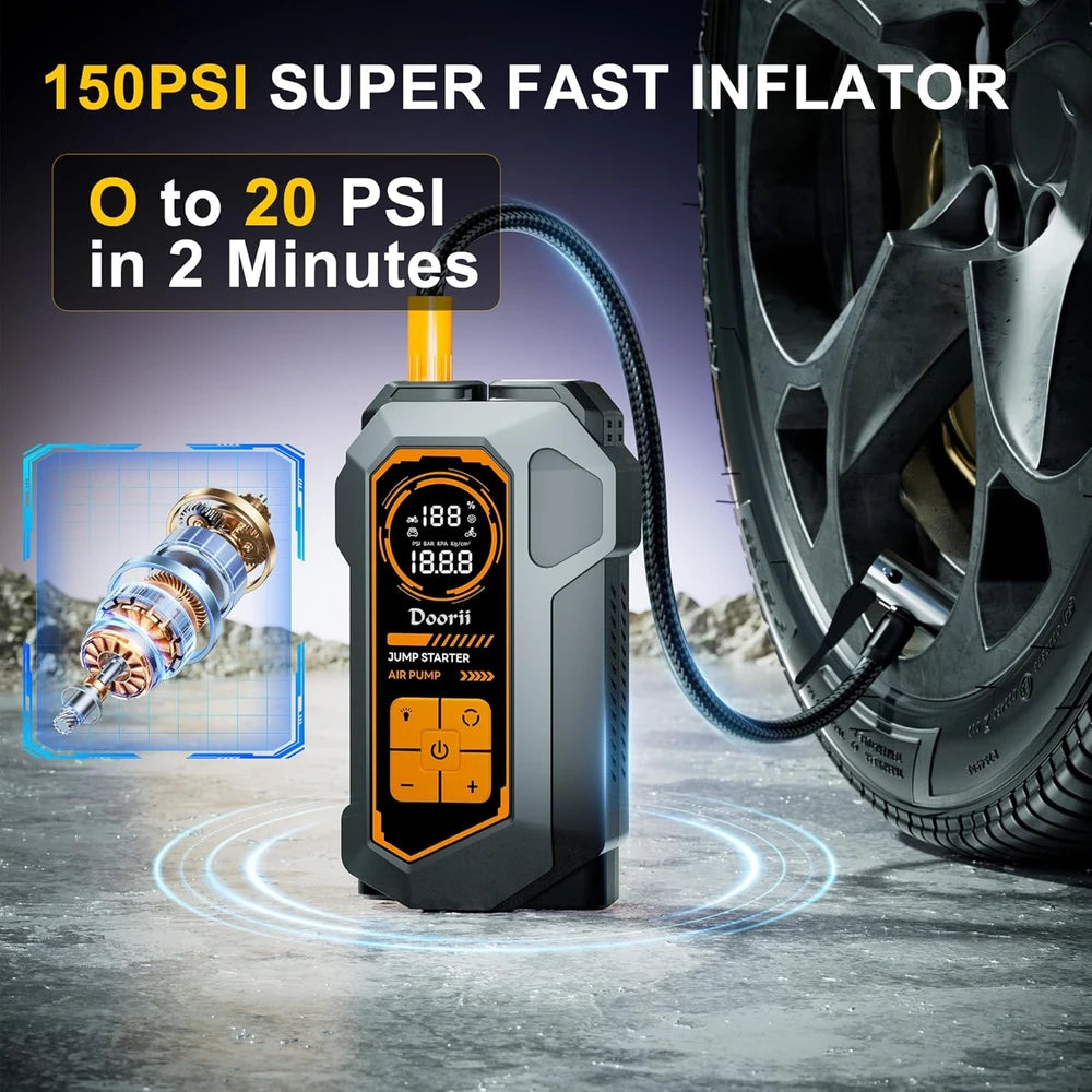 Doorii 6000A Jump Starter with Air Compressor, 10-in-1 Car Jumper Starter Portable, 150PSI Tire Inflator/Air Pump, LED Flashlight for Up to 10.0L Gas / 8.0L Diesel Engines