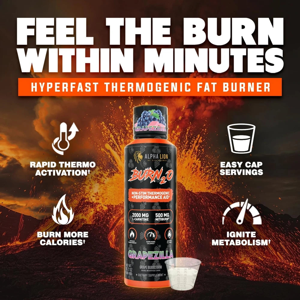 ALPHA LION Burn2O L-Carnitine Liquid 2000mg – Stim Free Super Thermogenic Fat Burner with MitoBurn® &amp; CaloriBurn GP® - Grapezilla