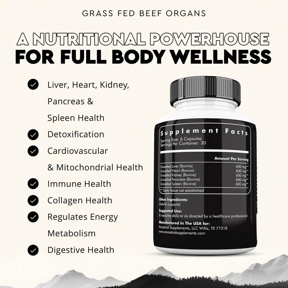 Ancestral Supplements Grass Fed Primal Beef Organ Supplement, 180 Ct