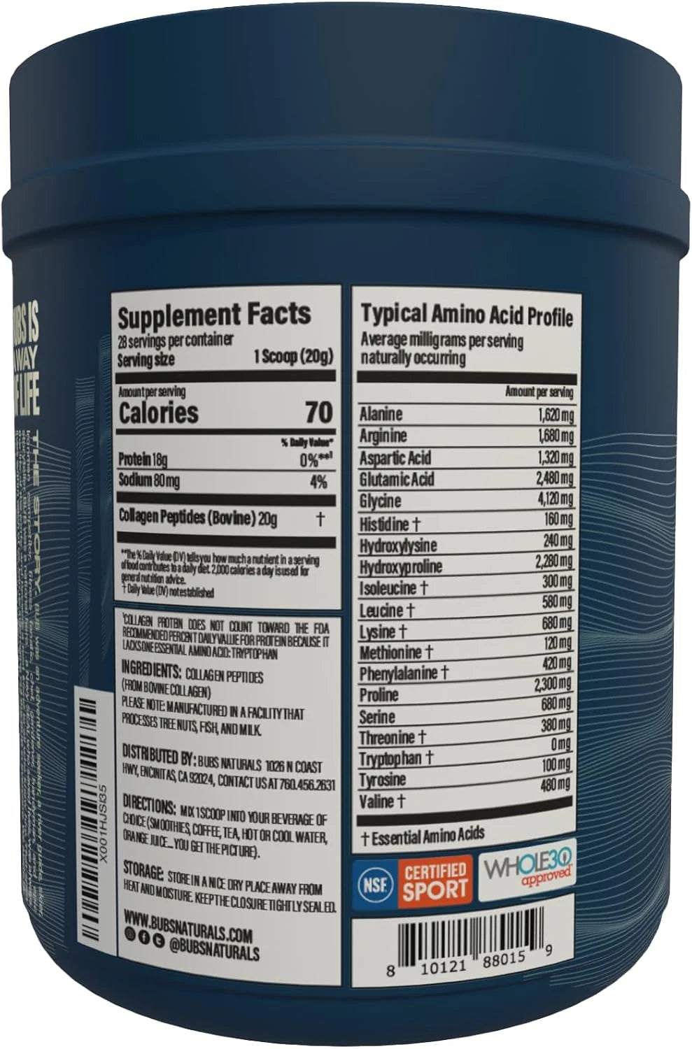 BUBS Naturals Collagen Peptides Powder, Collagen for Women &amp; Men, Hydrolyzed Peptides, Unflavored Pasture Raised Grass Fed, Paleo Keto Friendly, Supports Hair Skin &amp; Joint Health (20 oz) 28 Servings