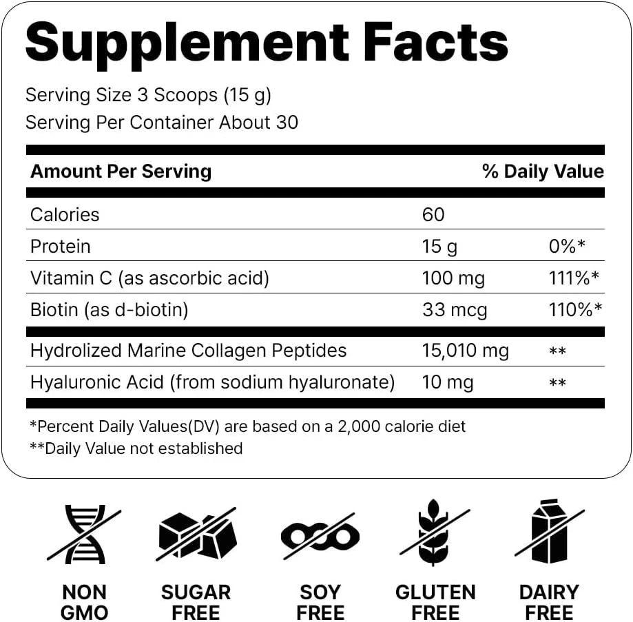 Marine Collagen Peptides - Hydrolyzed Ultra-fine Collagen Powder for Women &amp; Men, Hyaluronic Acid, Biotin, Vitamin C, for Skin, Hair, Nails, Joints, Non-GMO, Unflavored, Easily Dissolved, 16oz