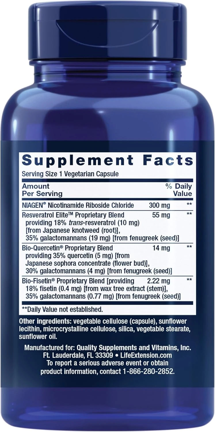 Life Extension NAD+ Cell Regenerator™ and Resveratrol Elite™*, nicotinamide riboside, Trans-resveratrol, quercetin