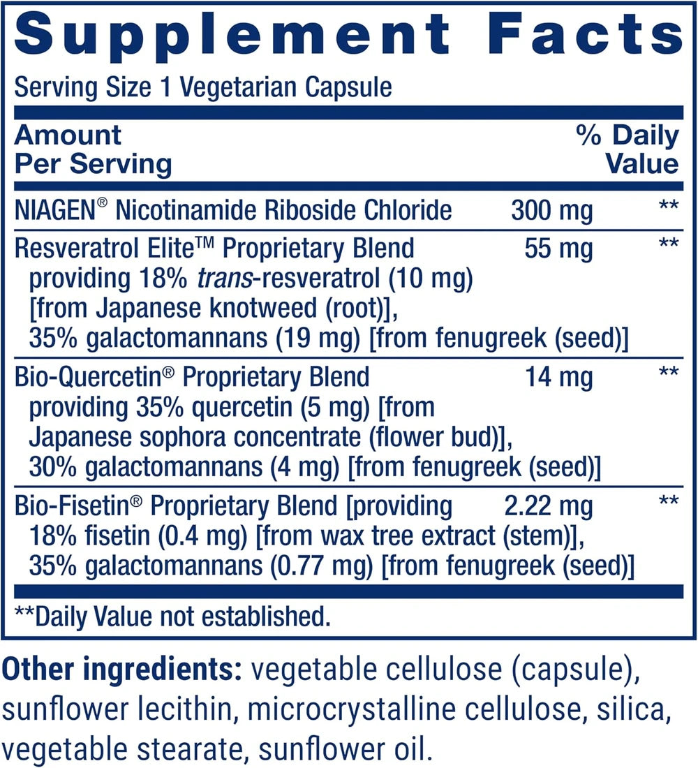 Life Extension NAD+ Cell Regenerator™ and Resveratrol Elite™*, nicotinamide riboside, Trans-resveratrol, quercetin