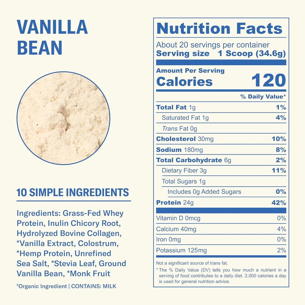Ballerina Farm Grass Fed Whey Protein Powder, Vanilla Bean, 24g Protein with Collagen Peptides