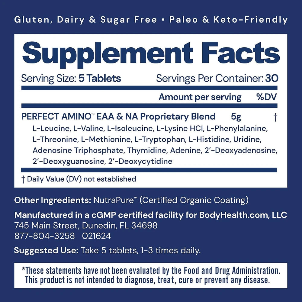 BodyHealth PerfectAmino (150 ct) Easy to Swallow Tablets, Essential Amino Acids Supplement with BCAAs