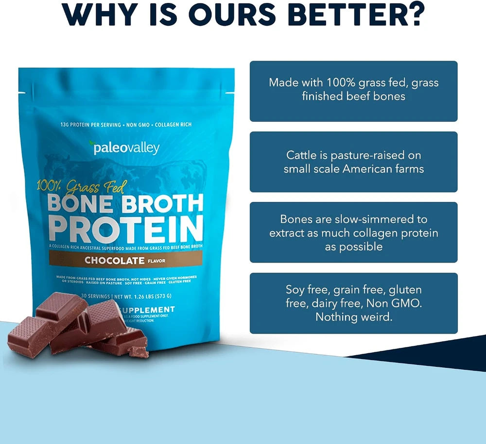 Paleovalley 100% Grass Fed Bone Broth Protein Powder, Chocolate