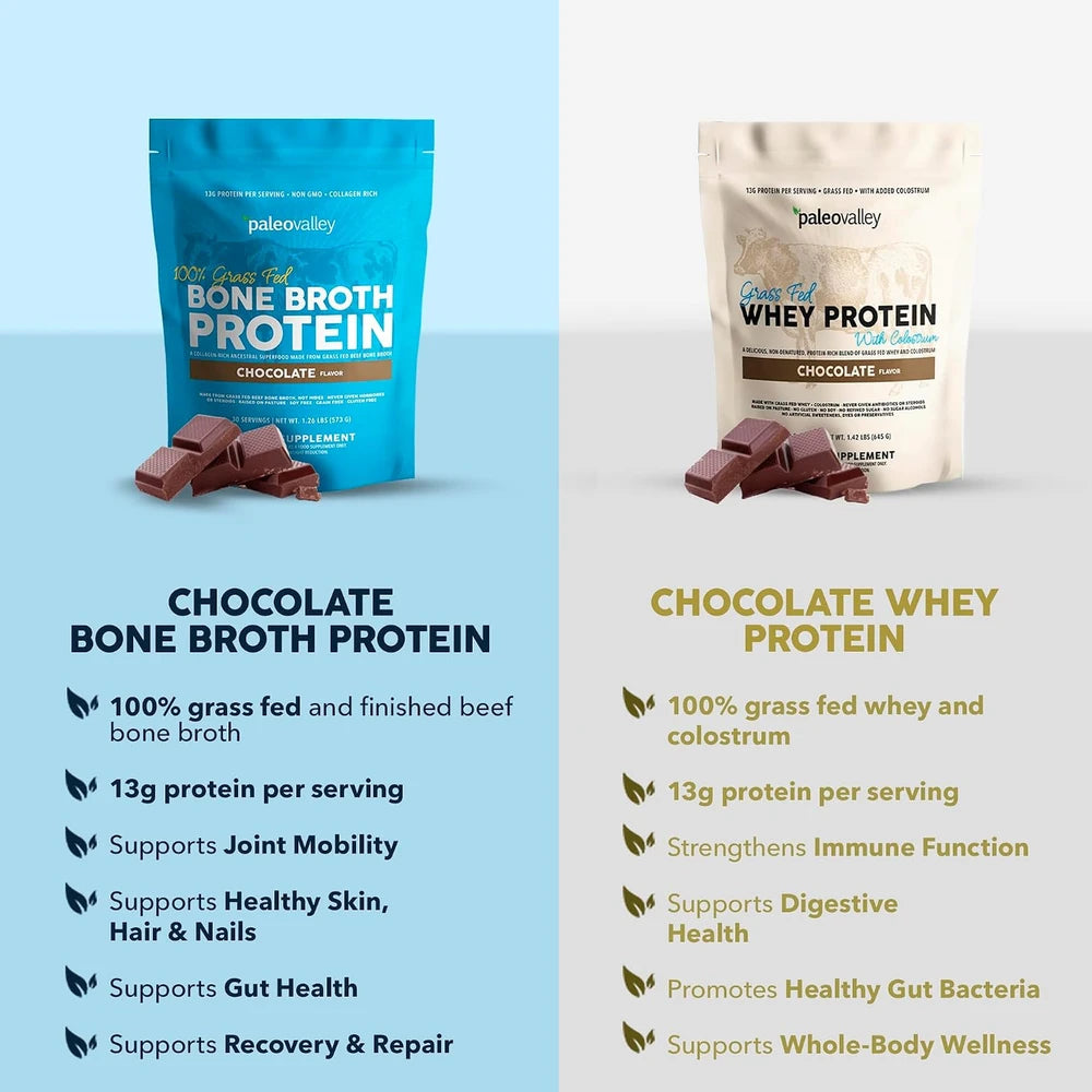 Paleovalley 100% Grass Fed Bone Broth Protein Powder, Chocolate