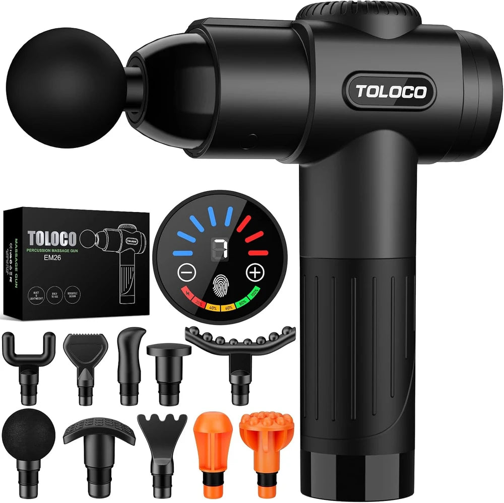 TOLOCO Massage Gun, Deep Tissue Back Massage for Athletes for Pain Relief, Percussion Massager with 10 Massages Heads - Black