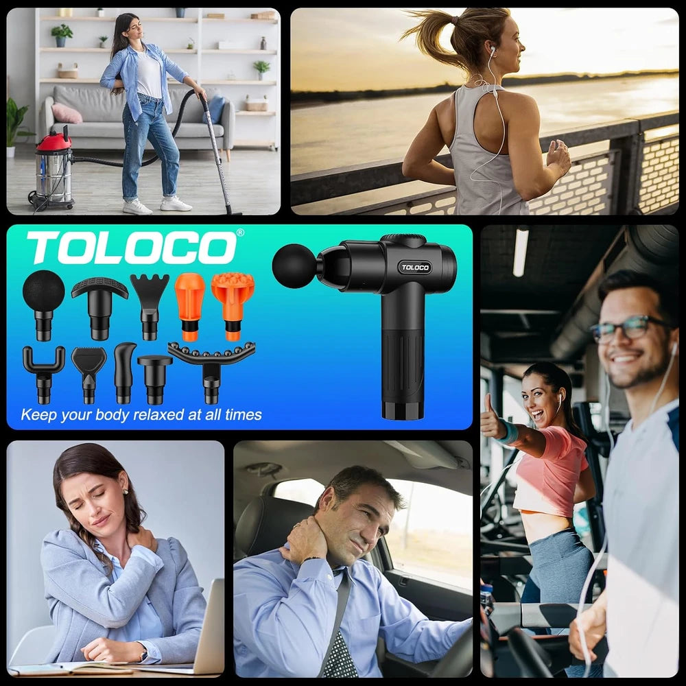 TOLOCO Massage Gun, Deep Tissue Back Massage for Athletes for Pain Relief, Percussion Massager with 10 Massages Heads - Black