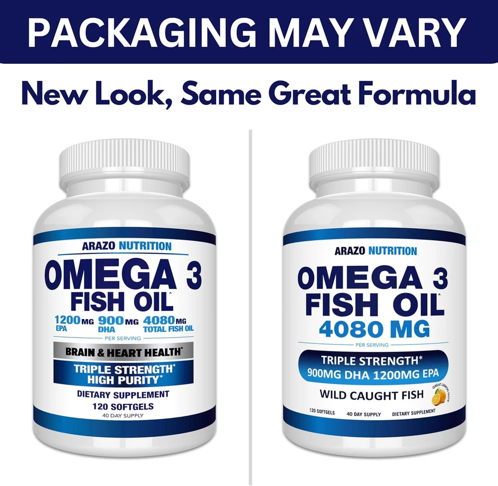 Arazo Nutrition Wild Caught Omega-3 Fish Oil Concentrate – 4,080mg per Serving – High EPA 1200mg &amp; DHA 900mg – 120 Burpless Lemon Softgels