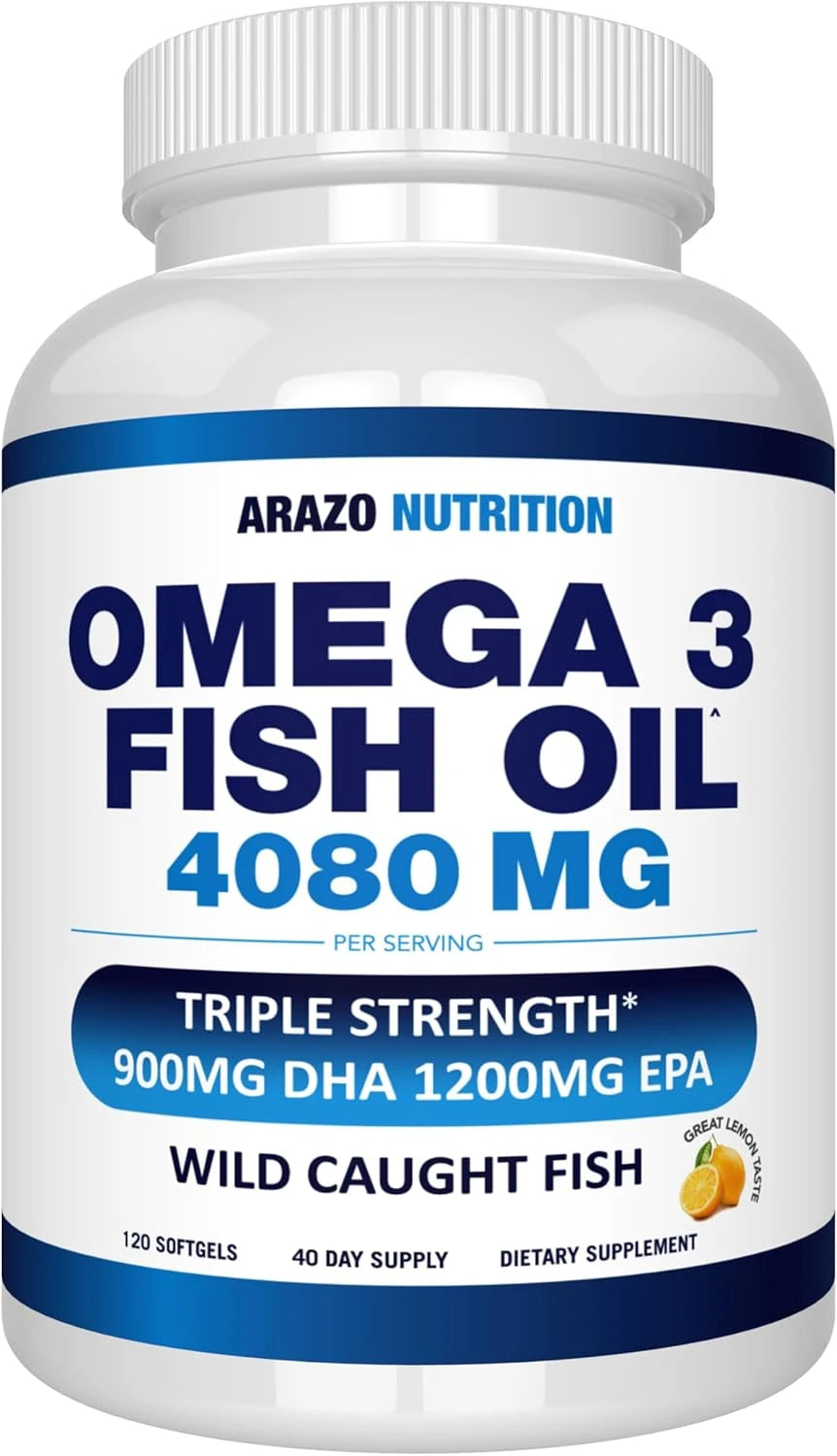 Arazo Nutrition Wild Caught Omega-3 Fish Oil Concentrate – 4,080mg per Serving – High EPA 1200mg &amp; DHA 900mg – 120 Burpless Lemon Softgels