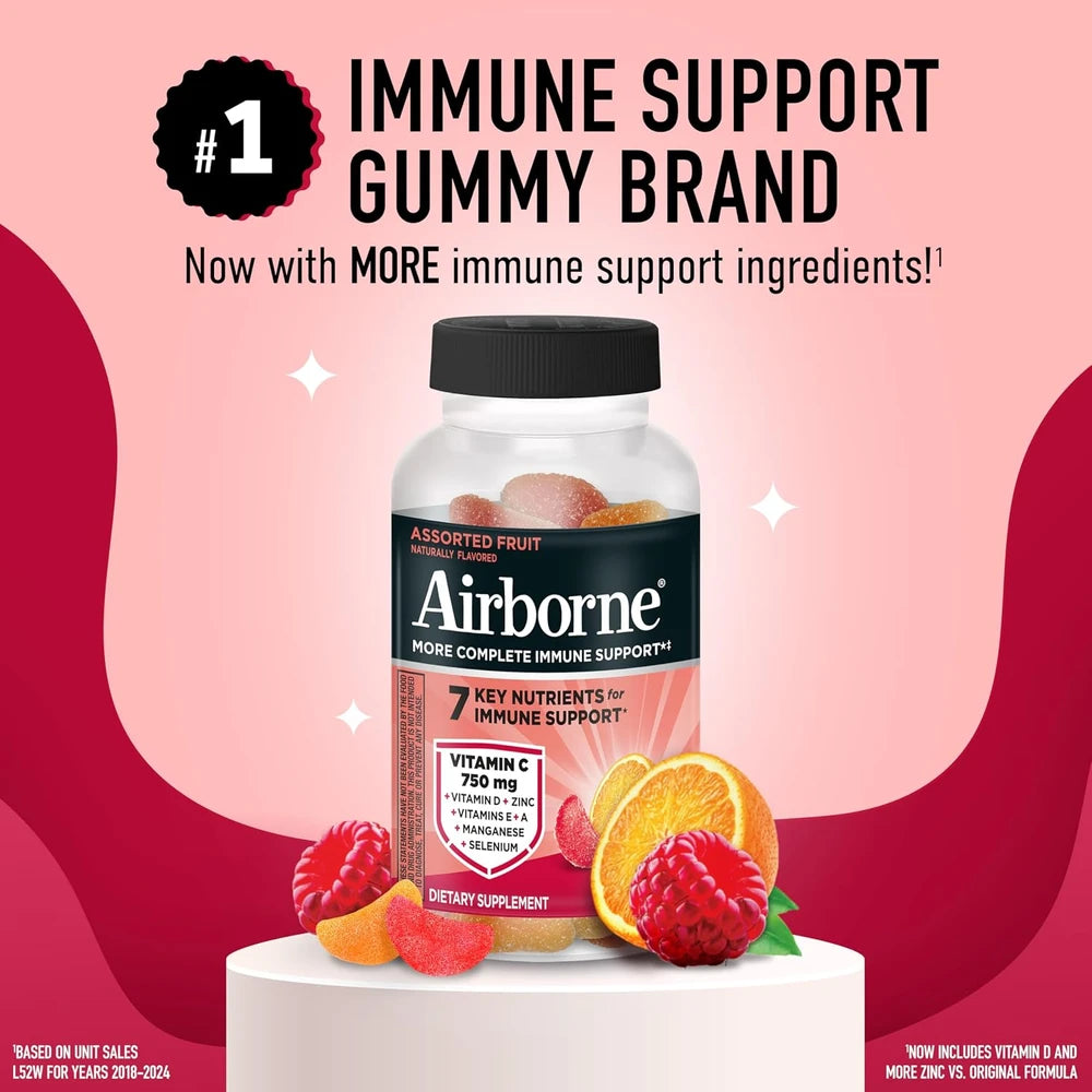 Airborne 750mg Vitamin C Gummies for Adults, Immune Support Supplement with Powerful Antioxidants Vitamins A C &amp; E - 2x63ct Bottles (126 Gummies), Assorted Fruit Flavor