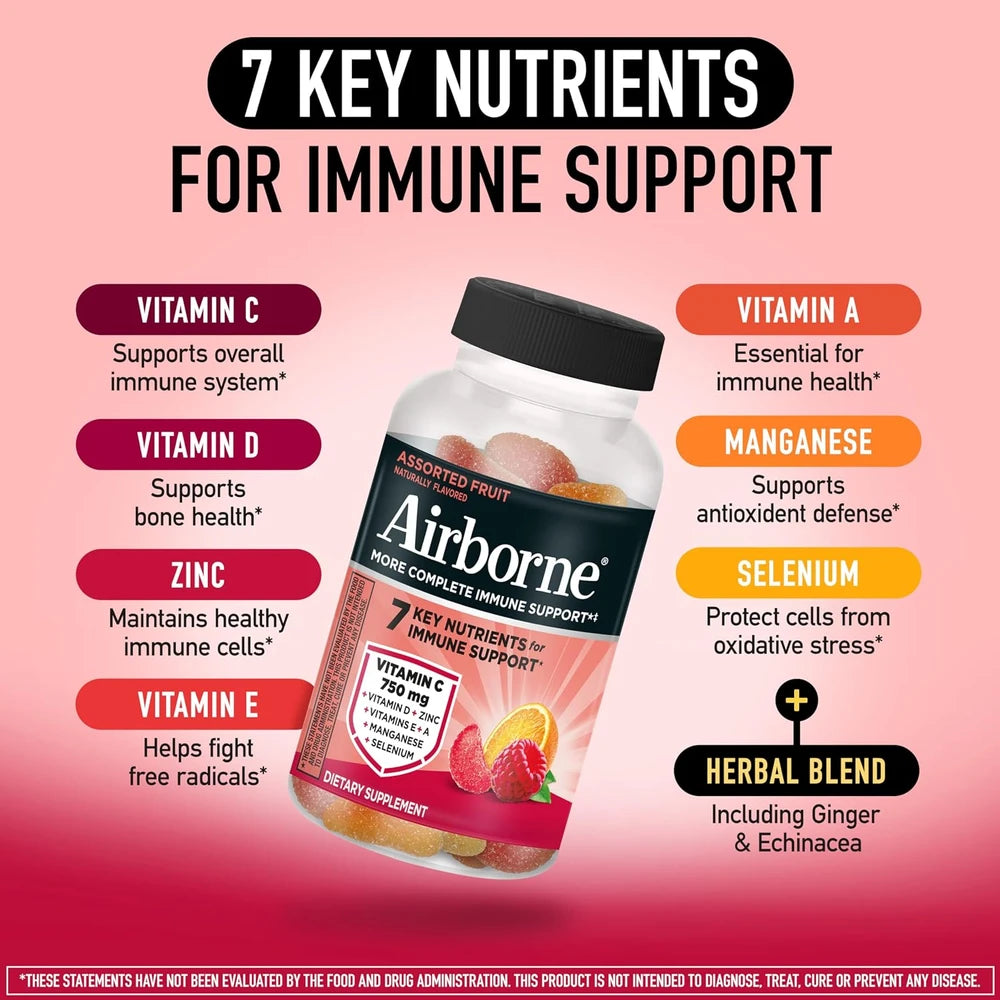 Airborne 750mg Vitamin C Gummies for Adults, Immune Support Supplement with Powerful Antioxidants Vitamins A C &amp; E - 2x63ct Bottles (126 Gummies), Assorted Fruit Flavor