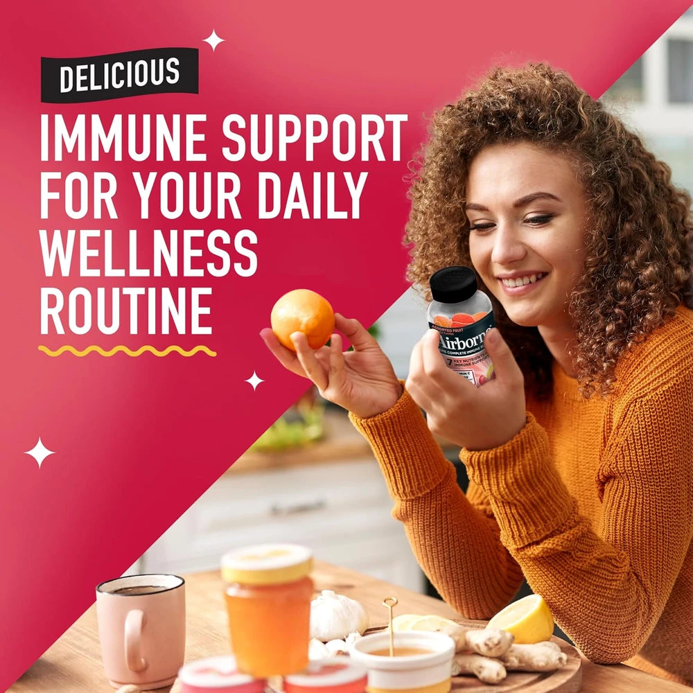 Airborne 750mg Vitamin C Gummies for Adults, Immune Support Supplement with Powerful Antioxidants Vitamins A C &amp; E - 2x63ct Bottles (126 Gummies), Assorted Fruit Flavor