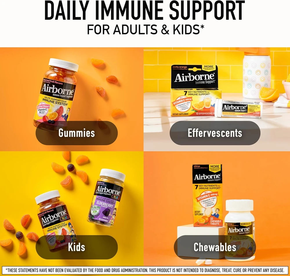 Airborne 750mg Vitamin C Gummies for Adults, Immune Support Supplement with Powerful Antioxidants Vitamins A C &amp; E - 2x63ct Bottles (126 Gummies), Assorted Fruit Flavor