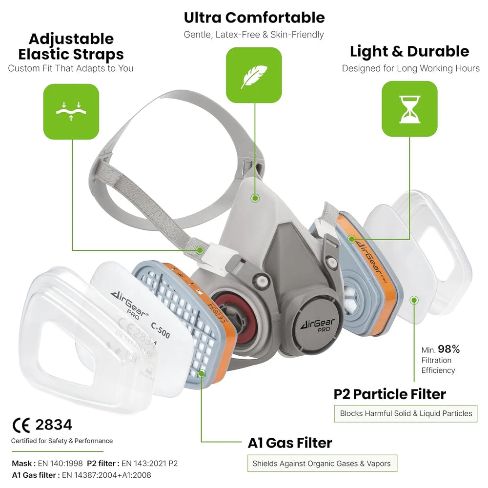 AirGearPro G-500 Reusable Respirator Mask with A1P2 Vapor &amp; Dust Filters