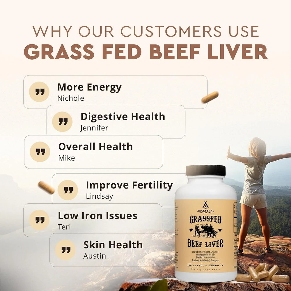 Ancestral Supplements Beef Liver Support Capsules, Iron &amp; Energy, 180 Ct