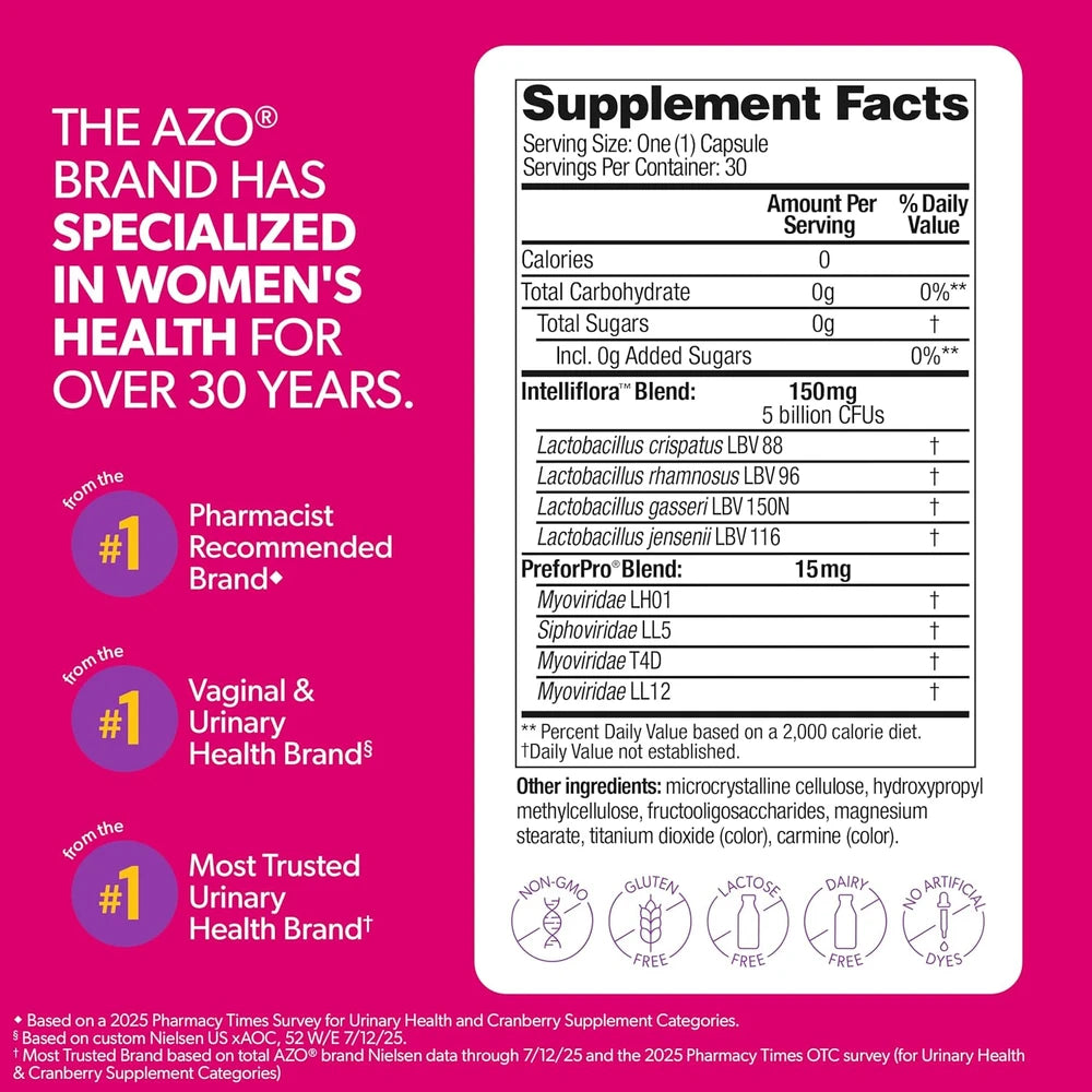 AZO Dual Protection Urinary + Vaginal, Women Probiotics &amp; Prebiotics, 30 Ct