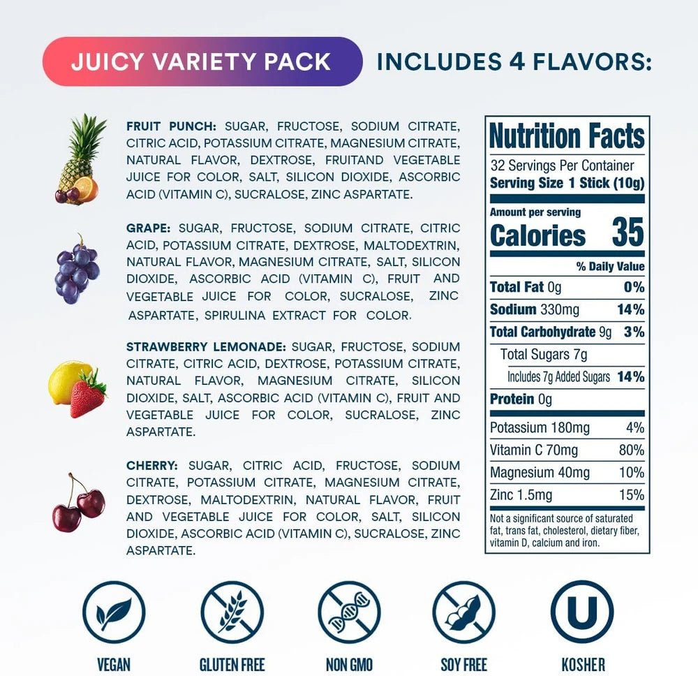 DripDrop Hydration Juicy Variety Pack, Electrolyte Packets, 32 Count