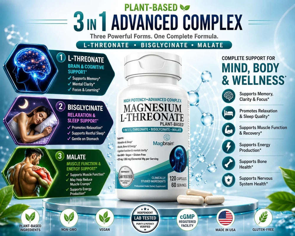 Magnesium L-Threonate Plant-Based 3 in 1 Powered by Magbrain® Magnesium L-Threonate Plant-Based | Magnesium Bisglycinate &amp; Magnesium Malate