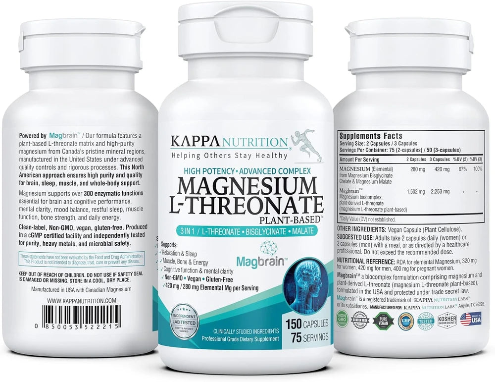 Magnesium L-Threonate Plant-Based 3 in 1 Powered by Magbrain® Magnesium L-Threonate Plant-Based | Magnesium Bisglycinate &amp; Magnesium Malate