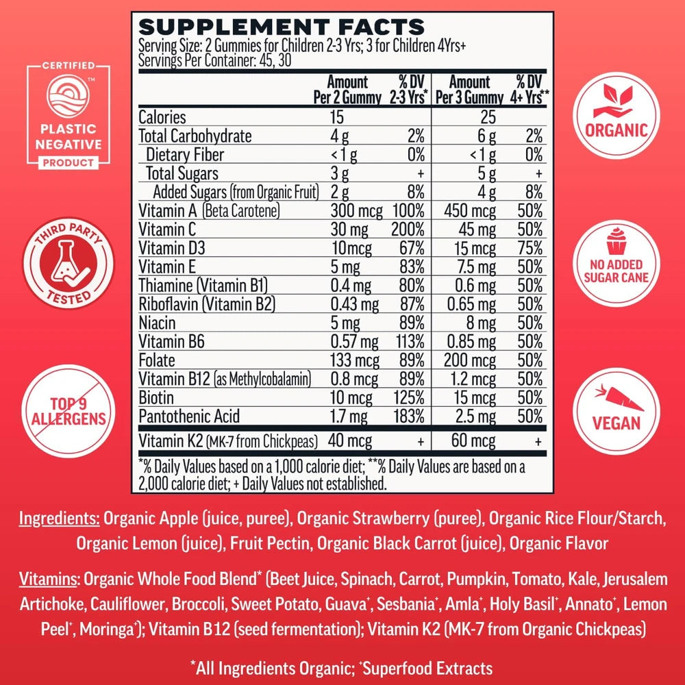 Llama Naturals Kids Multivitamin Gummies | Real Fruit, No Added Sugar Cane | Organic Vegan Toddler Whole Food Vitamins | Vitamin D, C &amp; Beta Carotene Gummy Supplement | Strawberry 90 Ct (1-2 Months)