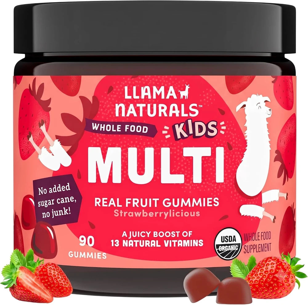 Llama Naturals Kids Multivitamin Gummies | Real Fruit, No Added Sugar Cane | Organic Vegan Toddler Whole Food Vitamins | Vitamin D, C &amp; Beta Carotene Gummy Supplement | Strawberry 90 Ct (1-2 Months)