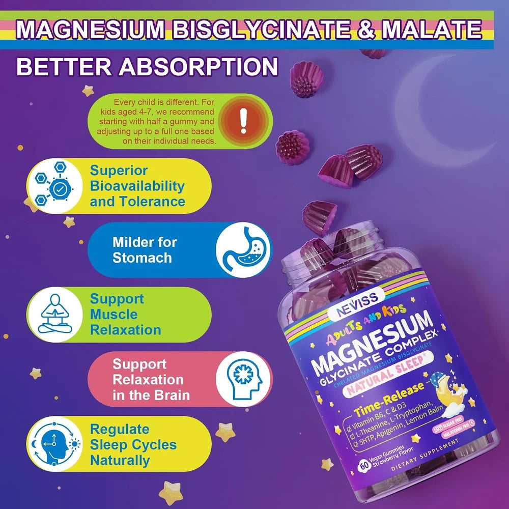NEVISS Magnesium Glycinate Gummies for Adults &amp; Kids 4+, Sugar Free Magnesium Bisglycinate Supplement 400/200mg with B6D3, L-Theanine for Zzz &amp; Relaxation, Brain, Melatonin Free Gummies, 2Pack