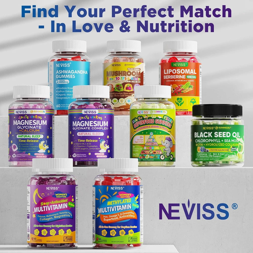 NEVISS Magnesium Glycinate Gummies for Adults &amp; Kids 4+, Sugar Free Magnesium Bisglycinate Supplement 400/200mg with B6D3, L-Theanine for Zzz &amp; Relaxation, Brain, Melatonin Free Gummies, 2Pack