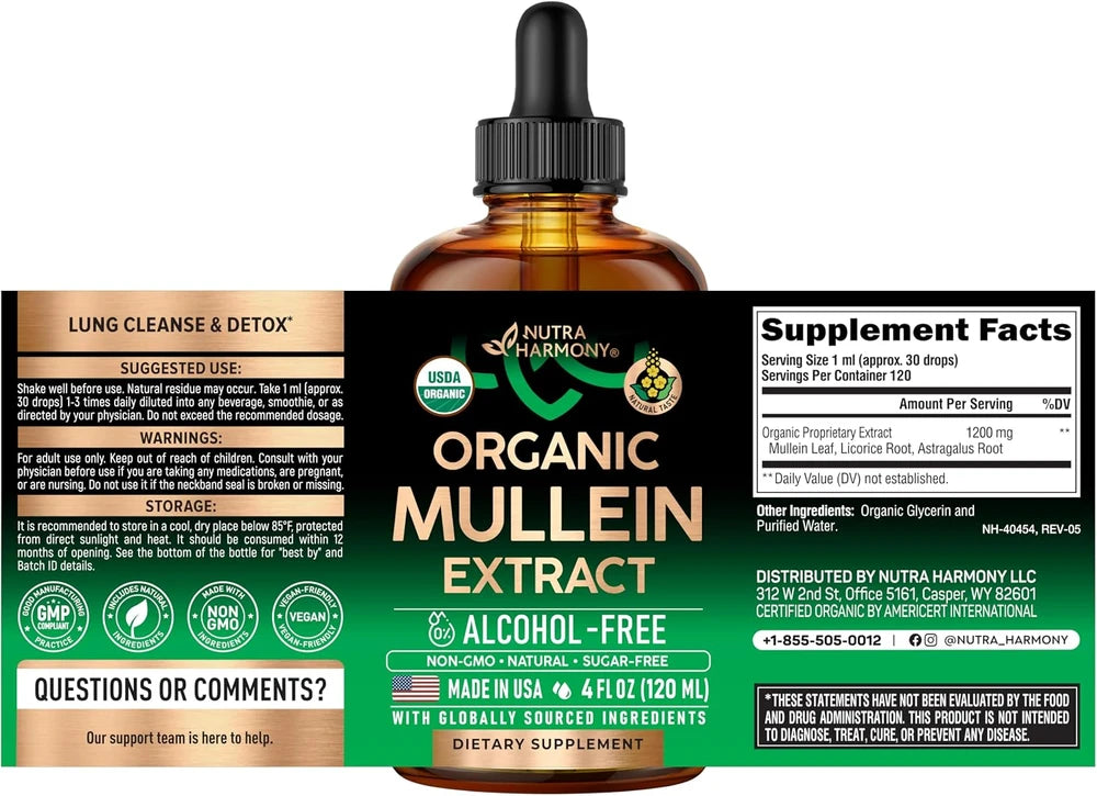 Mullein Drops for Lungs - USDA Organic Mullein Leaf Extract Liquid - 4 oz