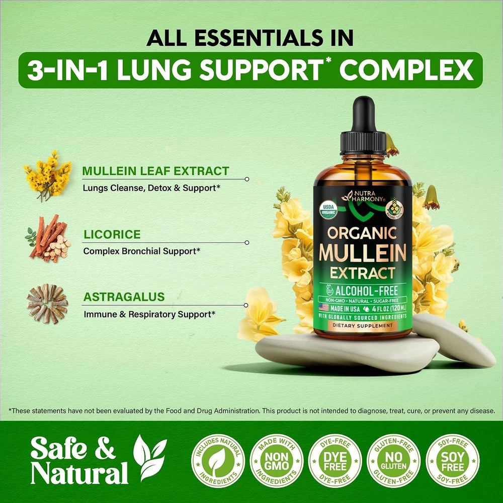 Mullein Drops for Lungs - USDA Organic Mullein Leaf Extract Liquid - 4 oz