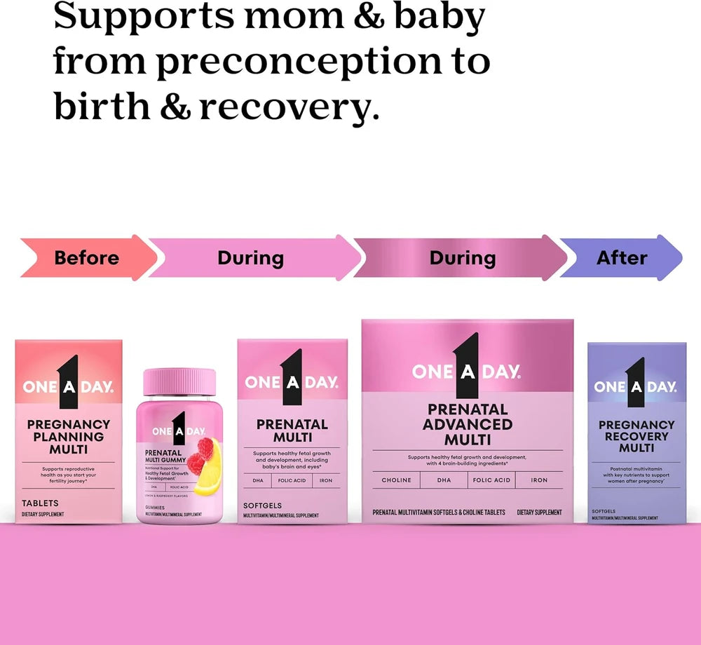 One A Day Prenatal Advanced- Prenatal Vitamins with Folic Acid, Choline, DHA &amp; Iron, Pregnancy Vitamins for Women to Support Baby’s Development, 60+60 Ct (120 Total Set) (Packaging May Vary)
