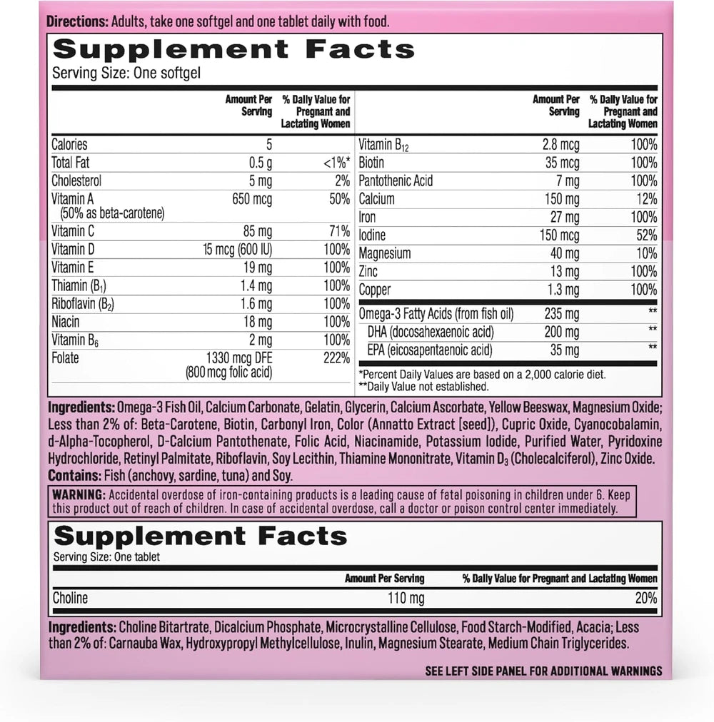 One A Day Prenatal Advanced- Prenatal Vitamins with Folic Acid, Choline, DHA &amp; Iron, Pregnancy Vitamins for Women to Support Baby’s Development, 60+60 Ct (120 Total Set) (Packaging May Vary)