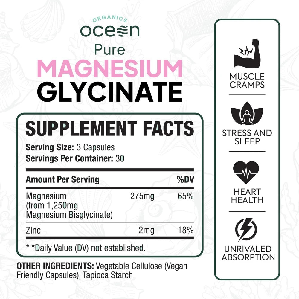 Organics Ocean Pure Magnesium Glycinate Supplement with Zinc, 1 Bottle