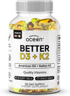 Organics Ocean Better D3+K2 Vitamin Supplement with VegD3 &amp; MenaQ7, 1-Pack