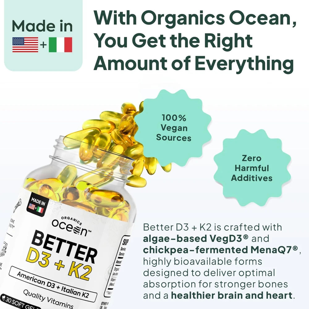Organics Ocean Better D3+K2 Vitamin Supplement with VegD3 &amp; MenaQ7, 1-Pack