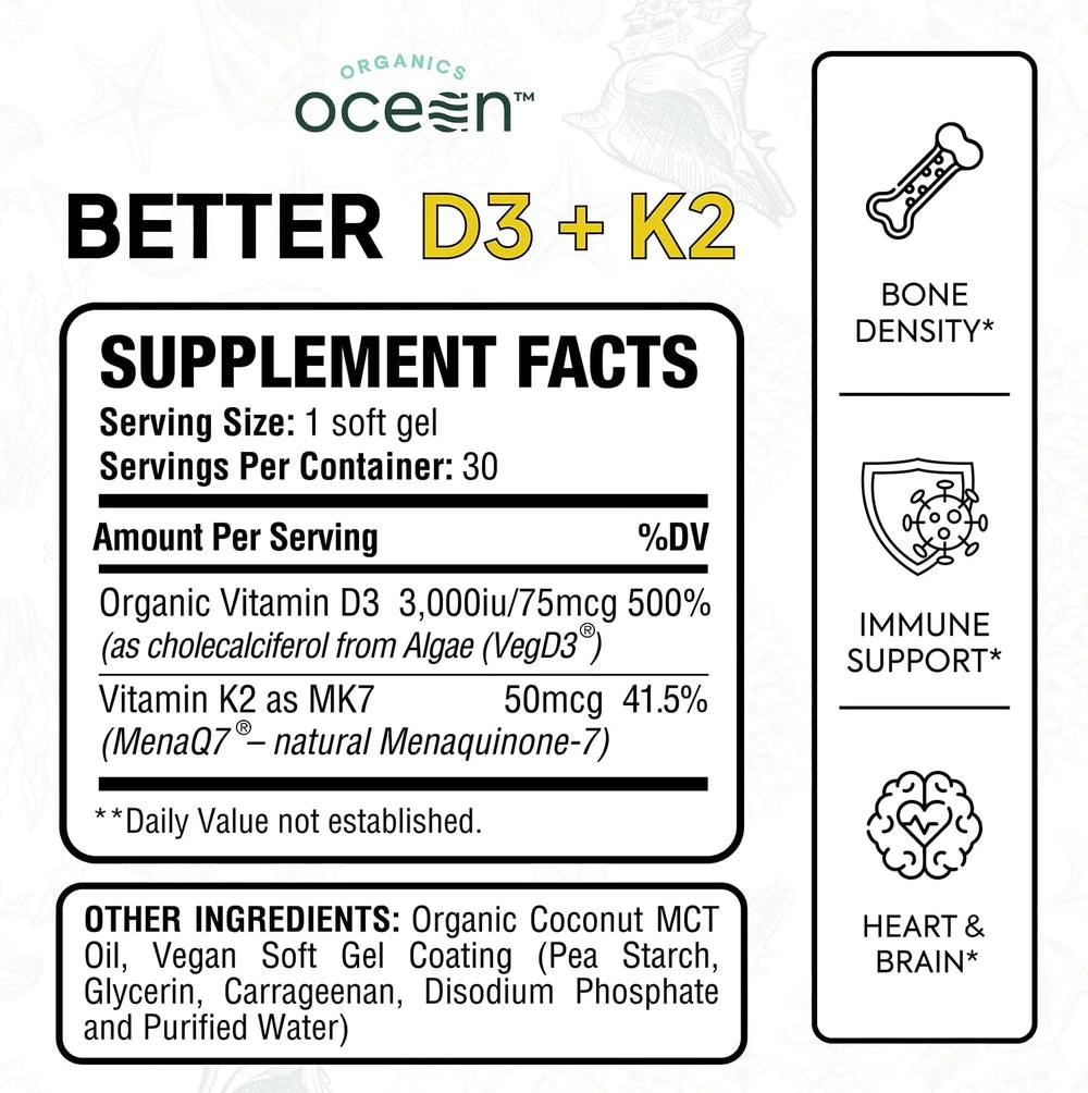 Organics Ocean Better D3+K2 Vitamin Supplement with VegD3 &amp; MenaQ7, 1-Pack
