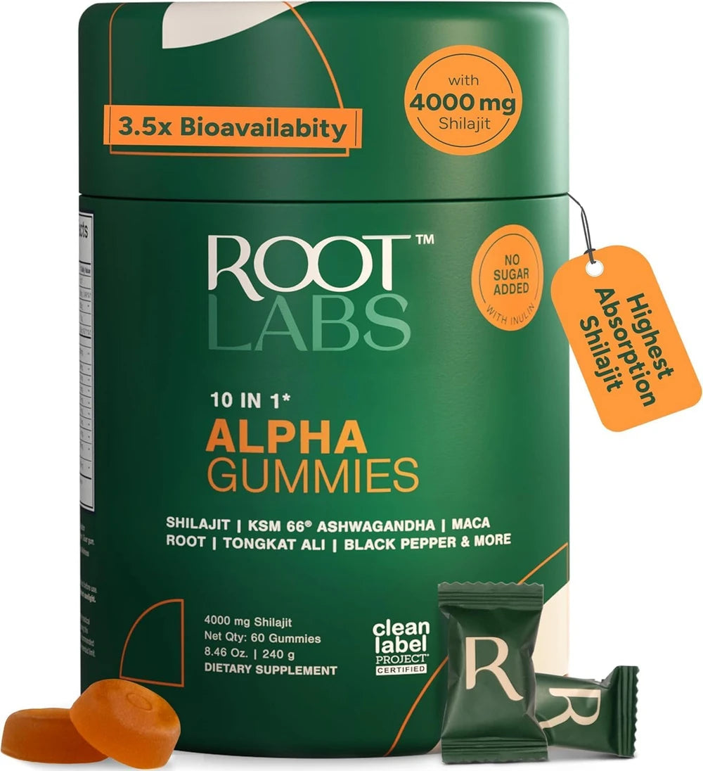 ROOT LABS 10-in-1 Alpha Shilajit Gummies | 400 mg Pure Himalayan Shilajit with Tongkat Ali &amp; Maca Root | Shilajit for Men &amp; Women | ShilAbsorb Bioavailability Tech | Sugar-Free, Vegan | 60 Gummies