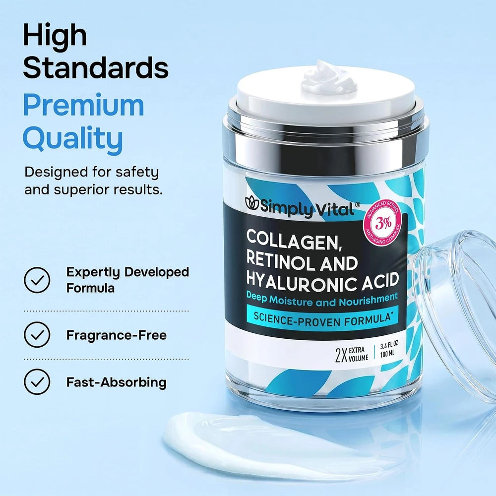 SimplyVital Face Moisturizer Retinol Collagen Hyaluronic Acid Cream 3.4 oz
